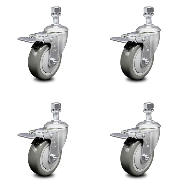 4 Inch Gray Polyurethane Swivel 1/2 Inch Stem Caster Set with Total Lock Brake